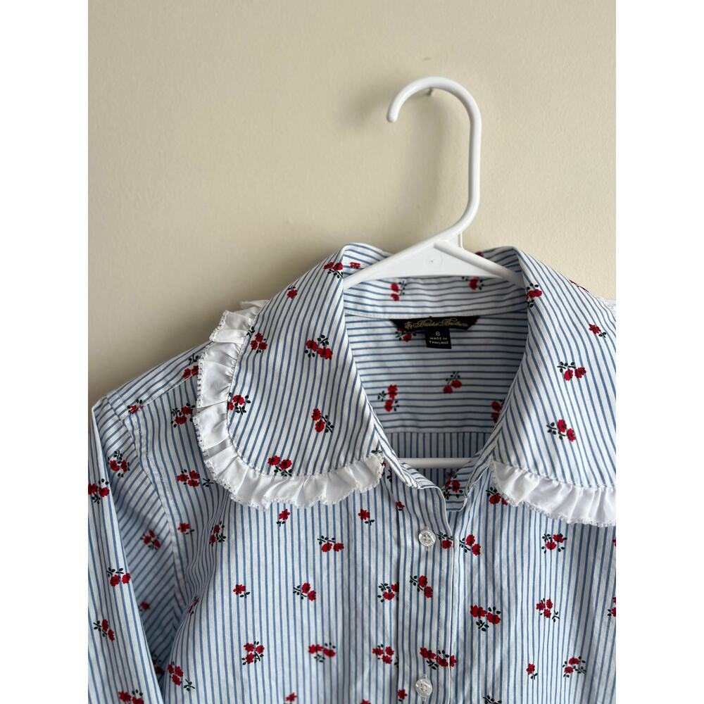 Scandi pinstripe ruffle blouse